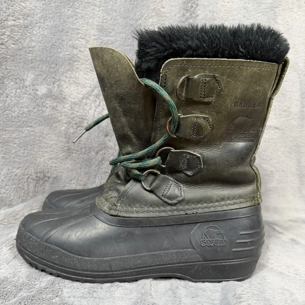 Sorel Badger Winter Boots Womens 7 Olive Leather Waterproof Snow Boots Canada
